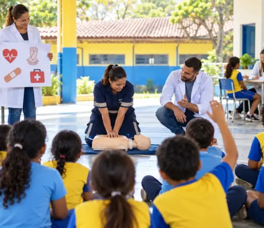 Saúde na Escola alcança 61.215 estudantes em 144 unidades de Porto Velho Atividade de saúde e primeiros socorros em ambiente escolar em composição editorial sobre o Saúde na Escola