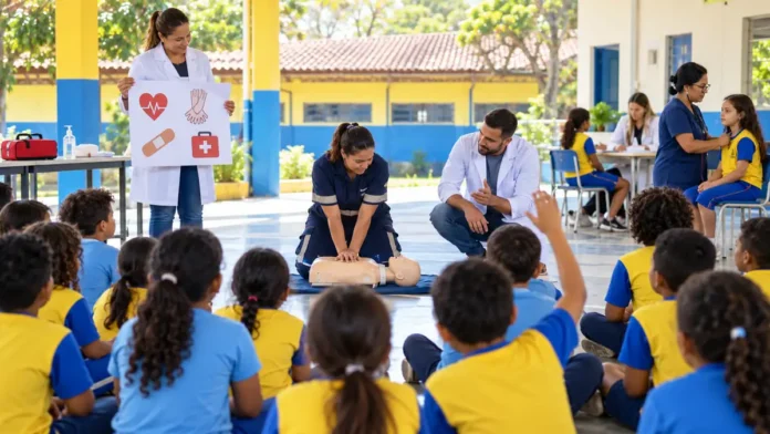 Atividade de saúde e primeiros socorros em ambiente escolar em composição editorial sobre o Saúde na Escola