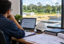 CISAN abre seleção em Rondônia com 9 vagas e salários de até R$ 7,1 mil Seleção do CISAN ilustrada por profissional em escritório técnico com vista para instalação de saneamento