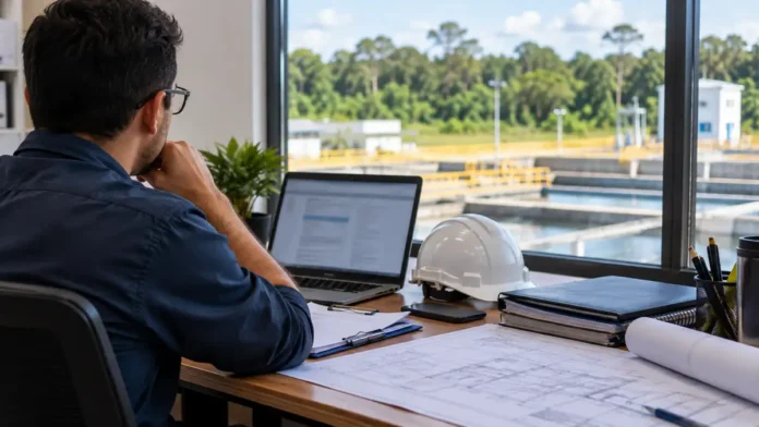 Seleção do CISAN ilustrada por profissional em escritório técnico com vista para instalação de saneamento