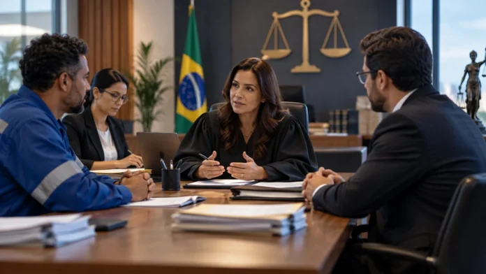 Reunião de conciliação trabalhista em ambiente institucional da Justiça