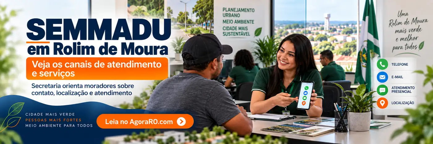 Faixa editorial sobre canais de atendimento da SEMMADU em Rolim de Moura.