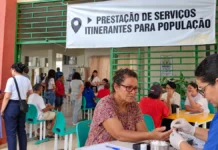 Bom Futuro terá serviços gratuitos neste fim de semana; veja horários Composição ilustrativa de serviços em Bom Futuro, com moradores na entrada de escola e atendimento de saúde.