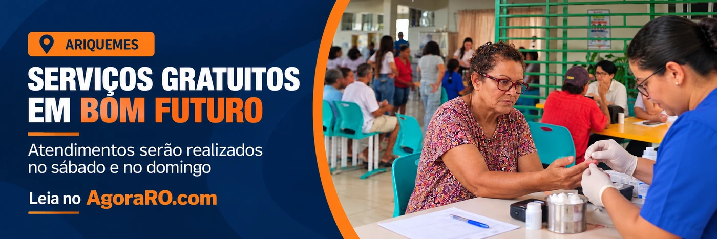 Faixa ilustrativa anuncia serviços em Bom Futuro com imagem de atendimento de saúde e chamada para sábado e domingo.