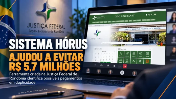 Sistema Hórus na Justiça Federal de Rondônia em arte editorial sobre prevenção de pagamentos judiciais em duplicidade