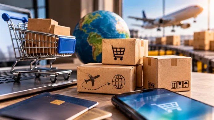 Compras internacionais com pacotes, carrinho de compra, smartphone e transporte aéreo