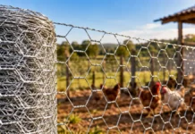 Brasil investiga importação chinesa de telas usadas em cercas rurais Composição editorial com tela hexagonal galvanizada em propriedade rural.