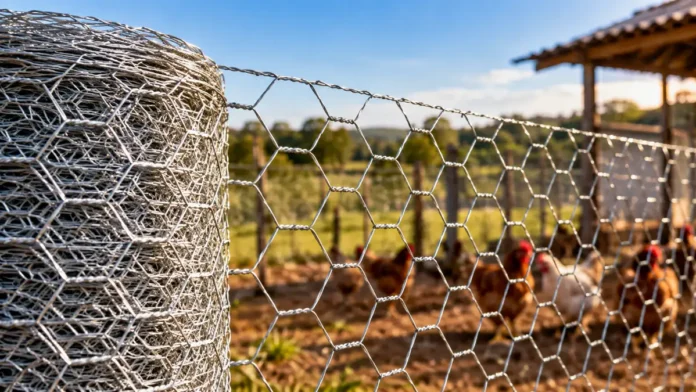 Composição editorial com tela hexagonal galvanizada em propriedade rural.