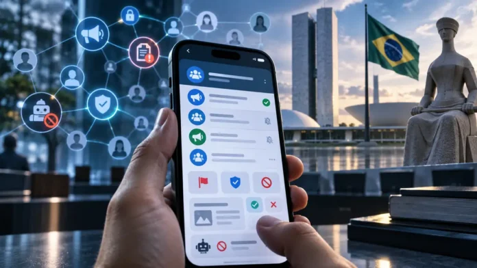 Telegram Eleições 2026 em composição editorial sobre canais públicos, moderação, denúncias e Justiça Eleitoral