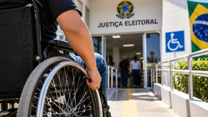 Pessoa em cadeira de rodas acessa local de votação em imagem sobre transporte gratuito para votar em Rondônia