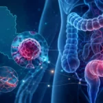 Anvisa aprova novo tratamento para câncer colorretal metastático Tratamento para câncer colorretal representado por cólon, células tumorais e vasos sanguíneos