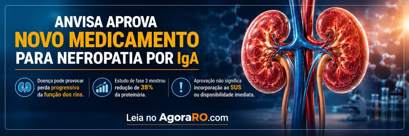 Faixa editorial sobre tratamento para nefropatia por IgA com rins, estudo de 38% e informação sobre o SUS