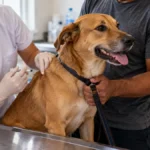 Porto Velho vacina 30.543 cães e gatos no Dia D contra a raiva Imagem ilustrativa de vacinação antirrábica: profissional aplica vacina em cão, com tutor e gato em caixa de transporte ao lado.