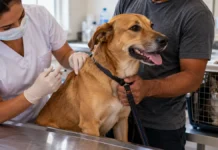 Porto Velho vacina 30.543 cães e gatos no Dia D contra a raiva Imagem ilustrativa de vacinação antirrábica: profissional aplica vacina em cão, com tutor e gato em caixa de transporte ao lado.