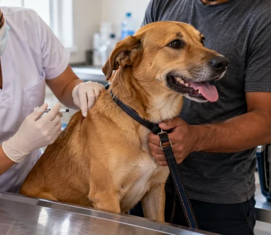 Porto Velho vacina 30.543 cães e gatos no Dia D contra a raiva Imagem ilustrativa de vacinação antirrábica: profissional aplica vacina em cão, com tutor e gato em caixa de transporte ao lado.