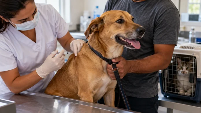 Imagem ilustrativa de vacinação antirrábica: profissional aplica vacina em cão, com tutor e gato em caixa de transporte ao lado.