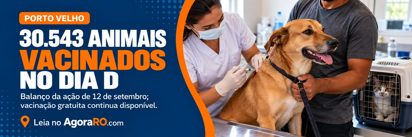 Faixa ilustrativa com cão recebendo vacinação, gato em caixa de transporte e balanço de 30.543 animais no Dia D.