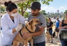 Vacinação antirrábica começa às 8h em 102 pontos de Porto Velho Vacinação antirrábica em Porto Velho com profissional aplicando vacina em cão e tutores aguardando atendimento com cães e gato