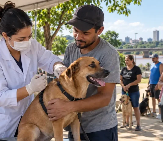 Vacinação antirrábica começa às 8h em 102 pontos de Porto Velho Vacinação antirrábica em Porto Velho com profissional aplicando vacina em cão e tutores aguardando atendimento com cães e gato