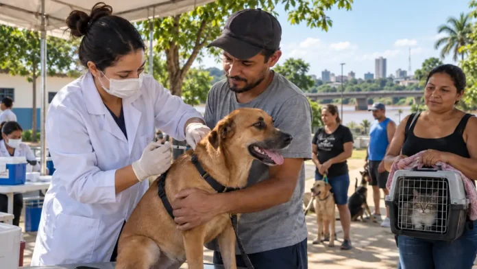 Vacinação antirrábica em Porto Velho com profissional aplicando vacina em cão e tutores aguardando atendimento com cães e gato