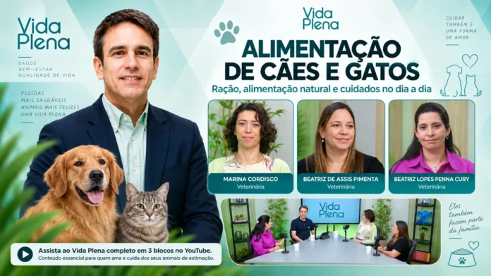Arte de capa do Vida Plena sobre alimentação de pets, com retratos das veterinárias, um cão e um gato.