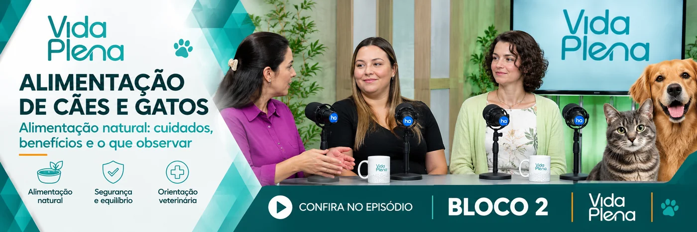 Faixa do Bloco 2 do Vida Plena com veterinárias, cão e gato e destaque para alimentação natural