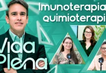 Vida Plena explica imunoterapia e quimioterapia no tratamento do câncer Vida Plena sobre imunoterapia e quimioterapia, com apresentador e convidados em composição editorial inspirada no programa