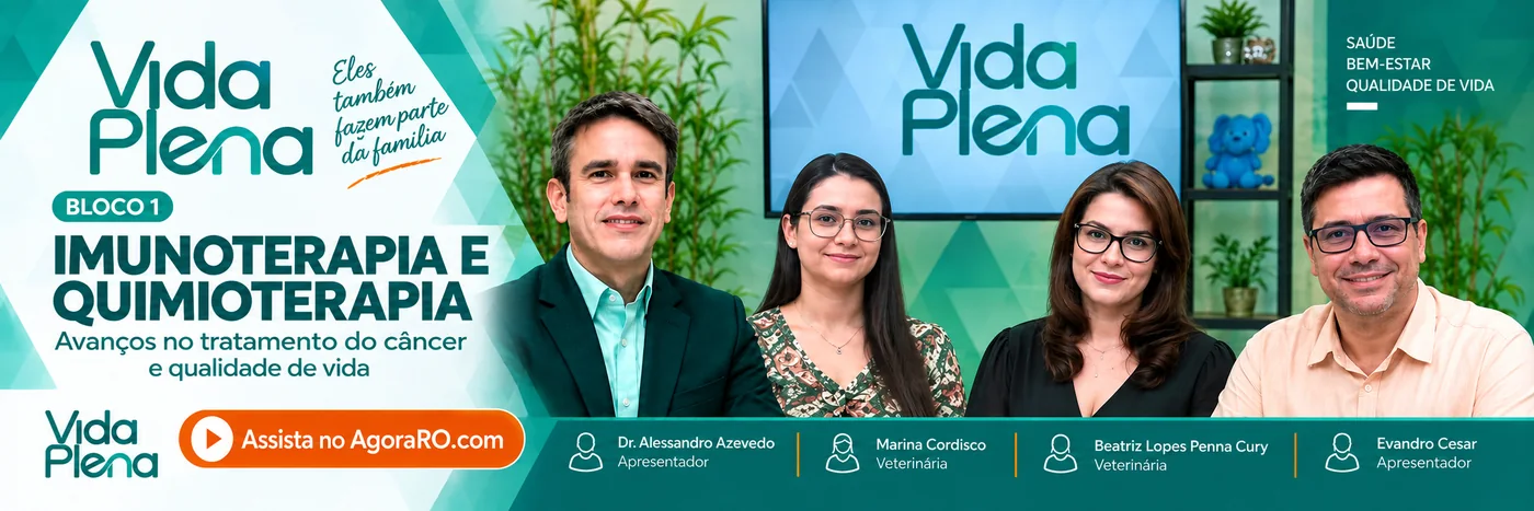 Vida Plena sobre imunoterapia e quimioterapia no bloco 1, com apresentador e especialistas