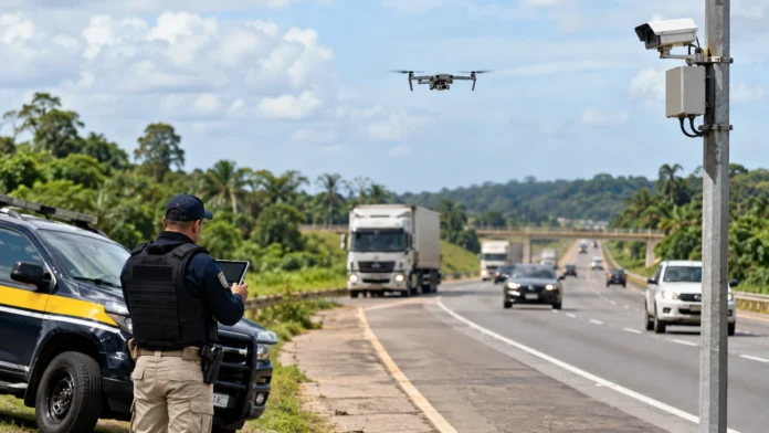 Videomonitoramento da PRF com drone e câmera em rodovia de Rondônia