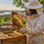 Abelhas em Porto Velho: o que é permitido e como regularizar Apicultor inspeciona colmeia em composição editorial sobre abelhas em Porto Velho