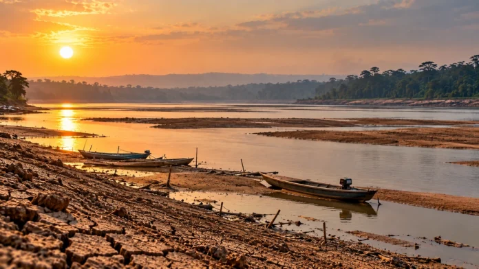 Rio com nível baixo, bancos de areia e barcos durante período de seca