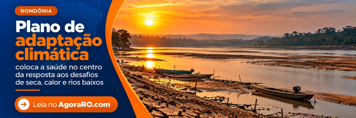 Arte sobre adaptação climática em Rondônia com rio baixo e embarcações em área de seca
