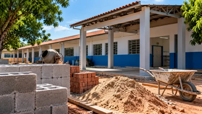 Projetos e materiais escolares ilustram a ampliação da escola Altenir Tavares de Oliveira em Rolim de Moura, sem mostrar a unidade real.