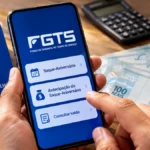 Antecipação do FGTS terá limite de três parcelas a partir de novembro Celular com referência ao saque-aniversário do FGTS ao lado de carteira de trabalho e cédulas de real