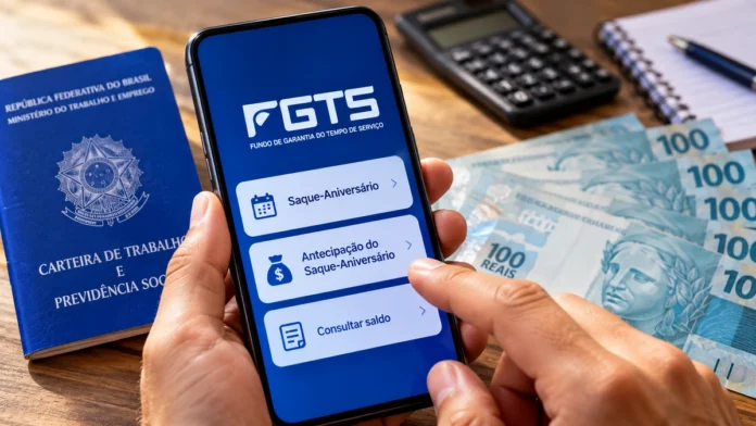 Celular com referência ao saque-aniversário do FGTS ao lado de carteira de trabalho e cédulas de real