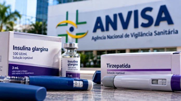Embalagens e dispositivos injetáveis representando medicamentos irregulares com insulina glargina e tirzepatida, imagem ilustrativa