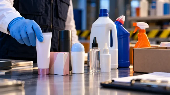 Produtos irregulares representados por itens de higiene e limpeza sob inspeção