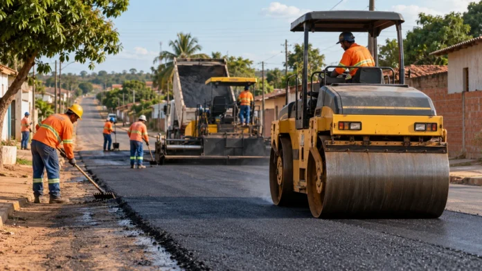 Asfalto em Novo Horizonte do Oeste: pavimentação urbana Asfalto em Novo Horizonte do Oeste ilustrado por obra urbana com trabalhadores e compactadora.