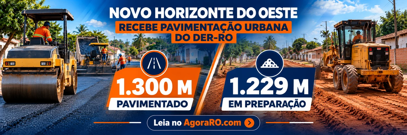 Infográfico ilustrativo distingue 1.300 metros pavimentados de 1.229 metros em preparação em Novo Horizonte do Oeste.