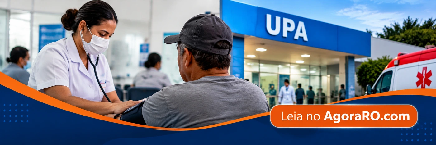 Faixa ilustrativa do AgoraRO com atendimento clínico, paciente e entrada de UPA, acompanhada da assinatura Leia no AgoraRO.com
