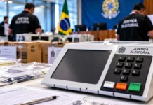 TRE-RO anuncia 23 urnas escolhidas para auditoria no segundo turno; veja locais Auditoria das urnas em Rondônia representada por urna eletrônica em ambiente de conferência; ilustração editorial gerada por IA.