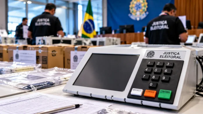 Auditoria das urnas em Rondônia representada por urna eletrônica em ambiente de conferência; ilustração editorial gerada por IA.