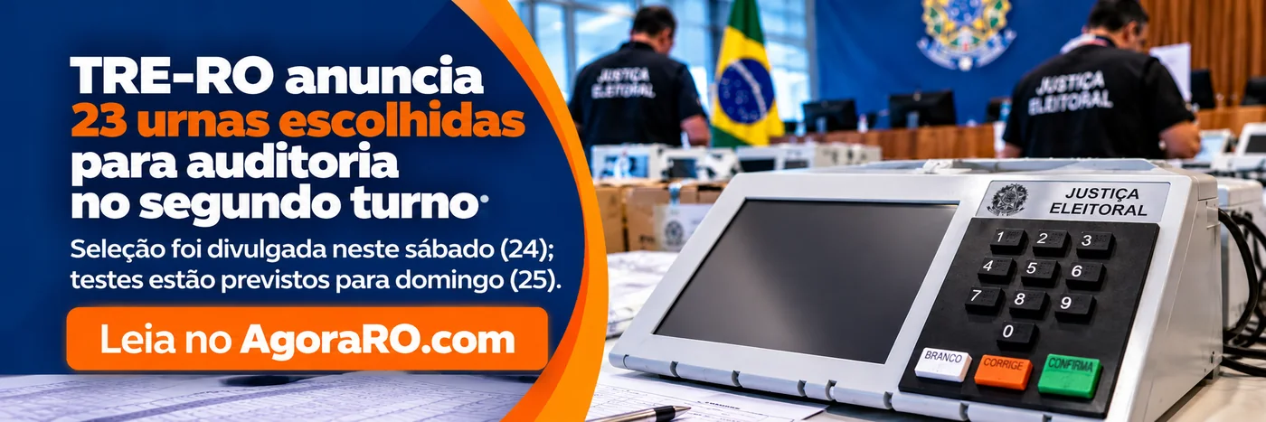 Faixa editorial sobre auditoria das urnas em Rondônia, com equipamento eletrônico ilustrativo e programação dos testes.
