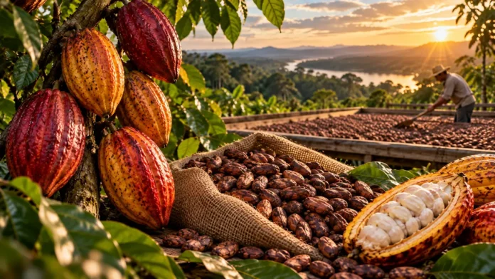 Cacau especial em Rondônia representado em composição editorial ilustrativa de frutos e amêndoas, sobre sete lotes finalistas nacionais.