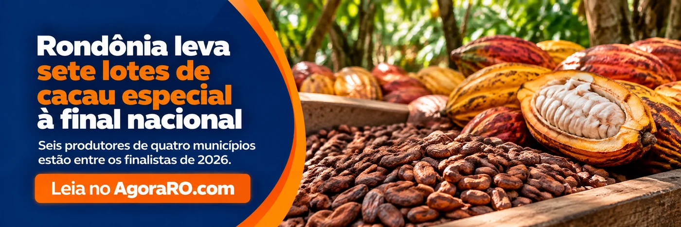 Cacau especial em Rondônia ilustrado com frutos e amêndoas em faixa sobre seis produtores e sete lotes finalistas.