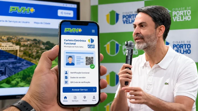 Carteira funcional digital de Porto Velho Carteira funcional digital de Porto Velho ilustrada em celular com interface PVH+ e apresentação institucional