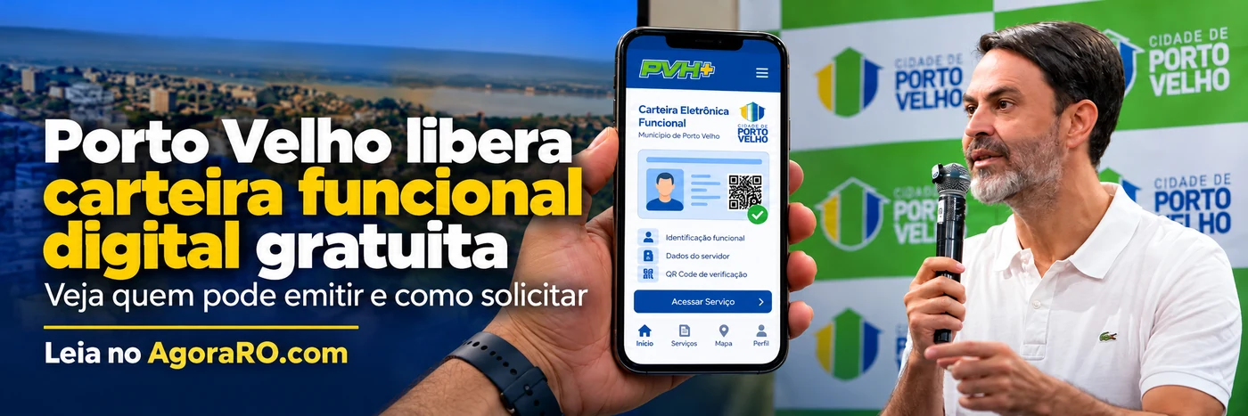 Faixa AgoraRO sobre a carteira funcional digital de Porto Velho com demonstração ilustrativa do aplicativo PVH+