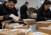PF investiga envio de cerca de 80 kg de cocaína pelos Correios a partir de Porto Velho Imagem ilustrativa de agentes analisando encomendas em investigação sobre cocaína pelos Correios a partir de Porto Velho