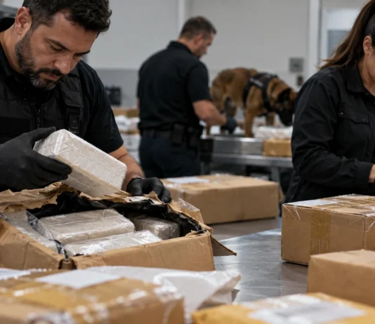 PF investiga envio de cerca de 80 kg de cocaína pelos Correios a partir de Porto Velho Imagem ilustrativa de agentes analisando encomendas em investigação sobre cocaína pelos Correios a partir de Porto Velho