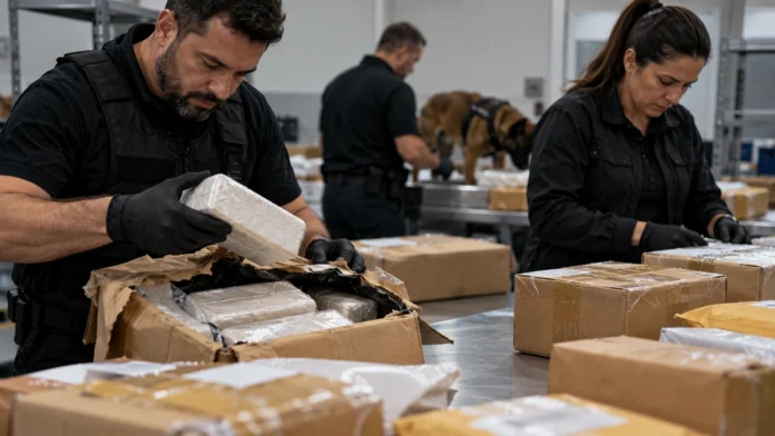 Imagem ilustrativa de agentes analisando encomendas em investigação sobre cocaína pelos Correios a partir de Porto Velho